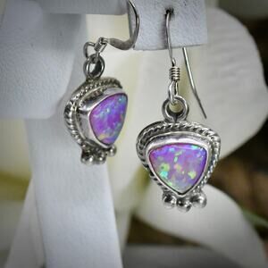 Running Bear RB Navajo Sterling Silver Pink Lab Opal Earrings Southwest Artisan
